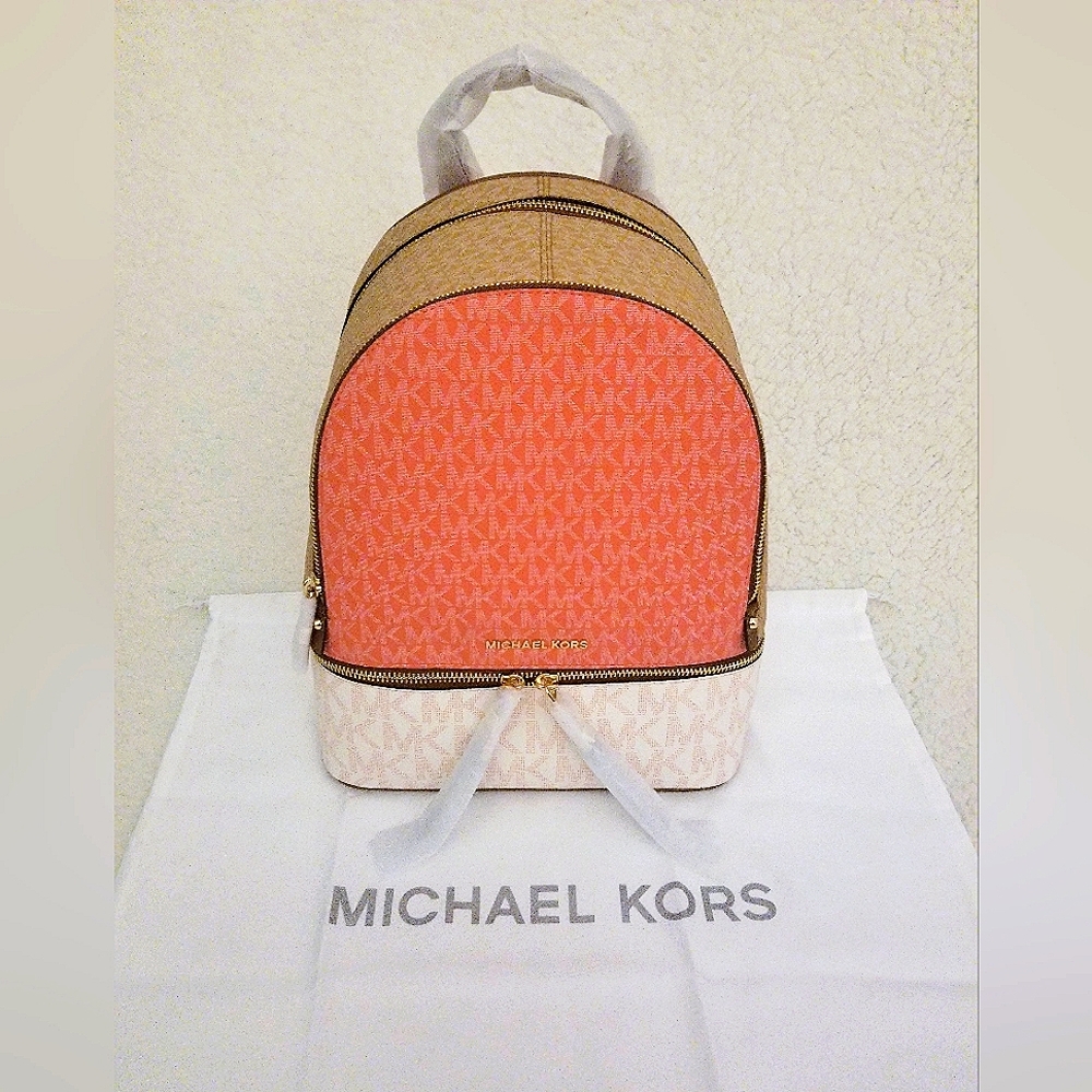 Authentic Michael Kors Logo Bookbag -Coral and Tan